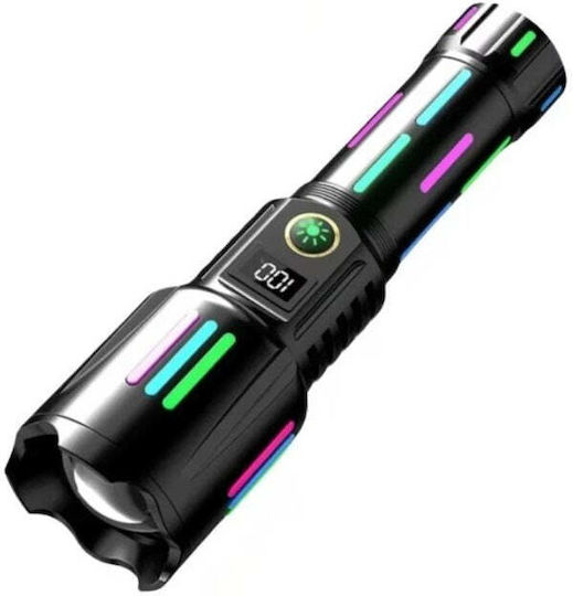 Тактическо фенерче 6500lm батерия 26650mAh USB Type-C зареждане увеличение черно