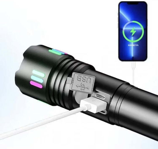 Lanternă LED de mână P45 Rază 500m Indicator baterie Negru