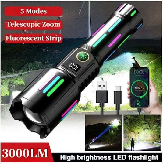 Тактическо фенерче 6500lm батерия 26650mAh USB Type-C зареждане увеличение черно