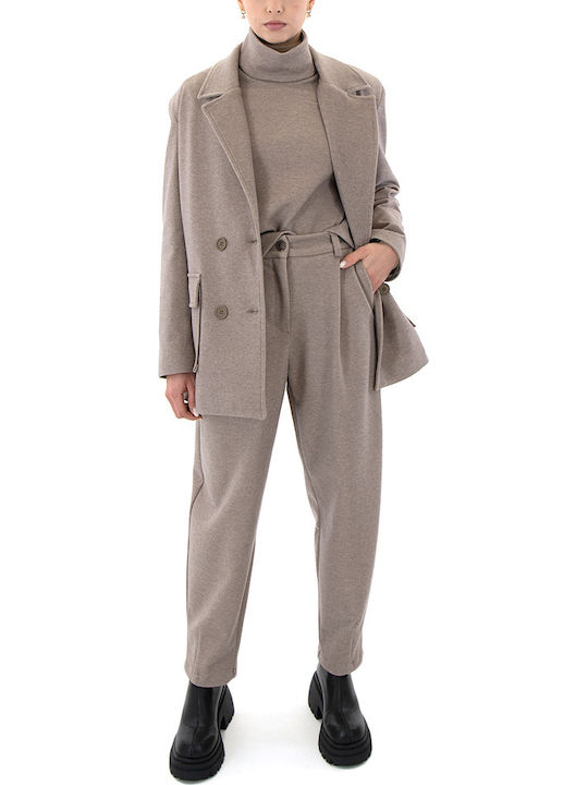 Moutaki Μακρύ Γυναικείο Σταυρωτό Σακάκι Light Grey