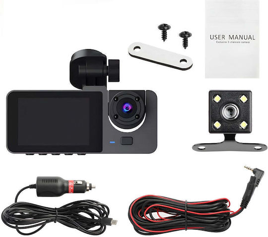 Cameră auto triplă DVR Full-HD ecran IPS 2.35" 170° WDR senzor de mișcare G-Sensor negru