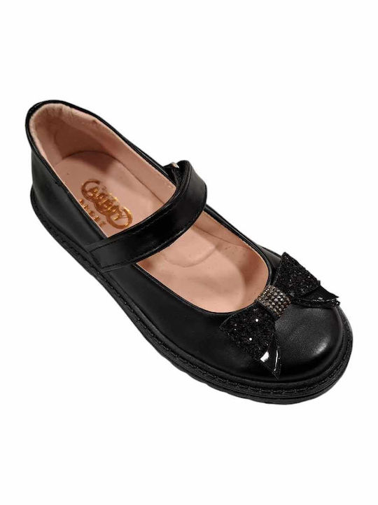 Balerini copii cu închidere Hoop & Loop de Piele Negre