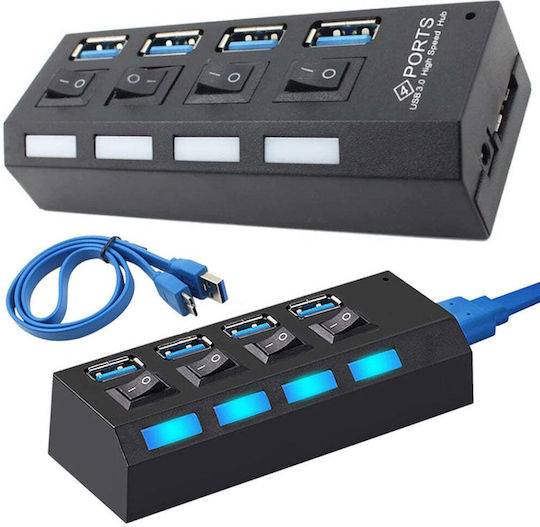 USB Hub 4 Ports USB 3.0 High Speed On Off Button Power Cable Black