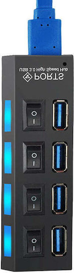 USB Hub 4 Ports USB 3.0 High Speed On Off Button Power Cable Black