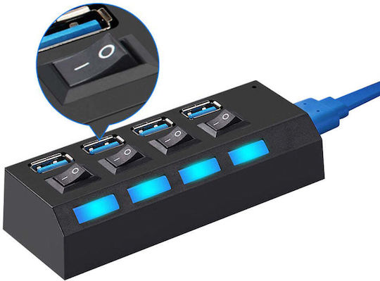 USB Hub 4 Ports USB 3.0 High Speed On Off Button Power Cable Black