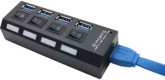 USB Hub 4 Ports USB 3.0 High Speed On Off Button Power Cable Black
