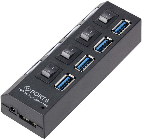 USB Hub 4 Ports USB 3.0 High Speed On Off Button Power Cable Black