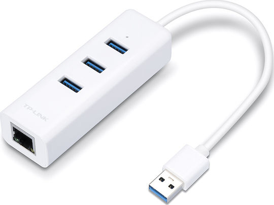 TP-LINK v1 Hub USB 3 Porturi USB 2.0 cu Conectare USB-A Ethernet Alb