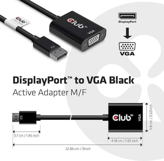 Club3D DisplayPort to VGA Black Active Adapter M/F Μετατροπέας DisplayPort male σε VGA female 1τμχ
