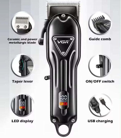 Vgr V-051 Tragbarer Kabelloser 5W USB Stahlklingen-Haarschneider mit 4 Führungskämmen Schwarz