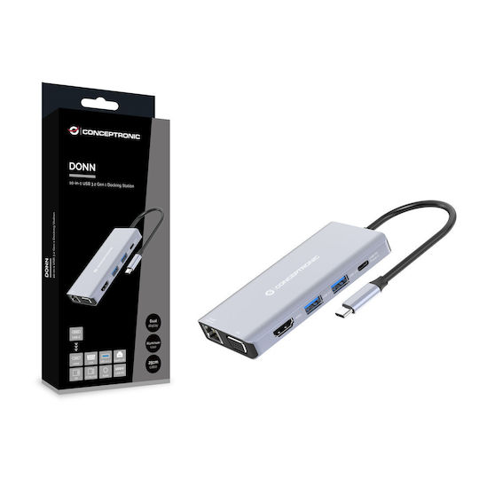 Conceptronic USB-C Докинг станция с HDMI 4K PD Етърнет Сив (DONN20G)