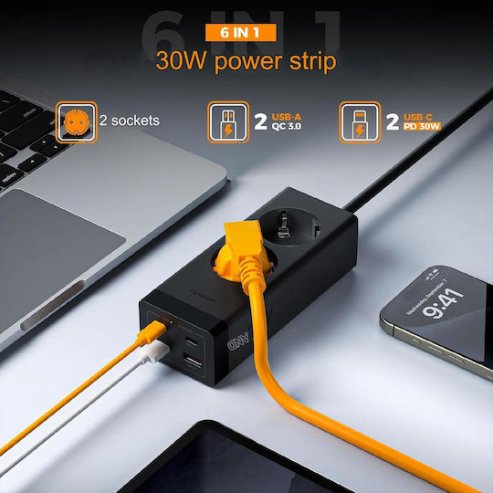 Tessan Steckdosenleiste mit Überspannungsschutz 2 Positionen mit 2 USB-A, 2 USB-C und Kabel 6m