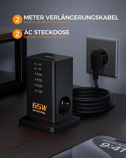 Tessan Πολύπριζο 2 Θέσεων με 4 USB-A, 2 USB-C και Καλώδιο 2m