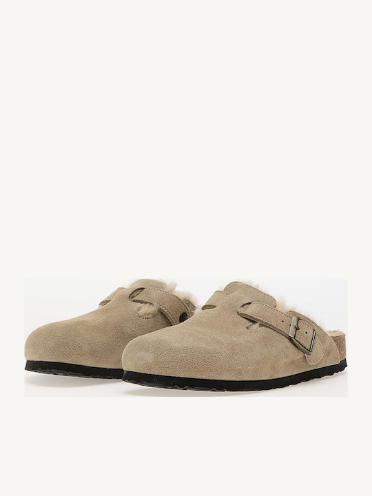 Boston Shearling Suede Winter Women's Slippers with Fur Brown Narrow Fit