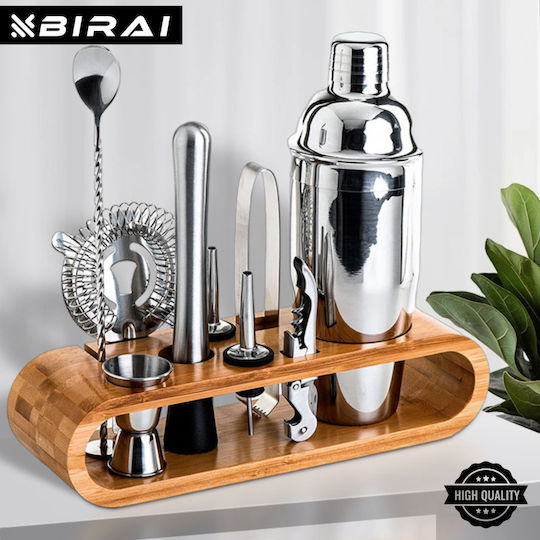 Barman Set Drink Preparation Birai 10 Pieces 550 Ml Cocktail Shaker Stainless Steel Premium Bamboo Stand Spoon Strainer Corkscrew Double Jigger Muddler Pure R