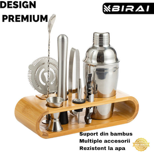 Barman Set Drink Preparation Birai 10 Pieces 550 Ml Cocktail Shaker Stainless Steel Premium Bamboo Stand Spoon Strainer Corkscrew Double Jigger Muddler Pure R
