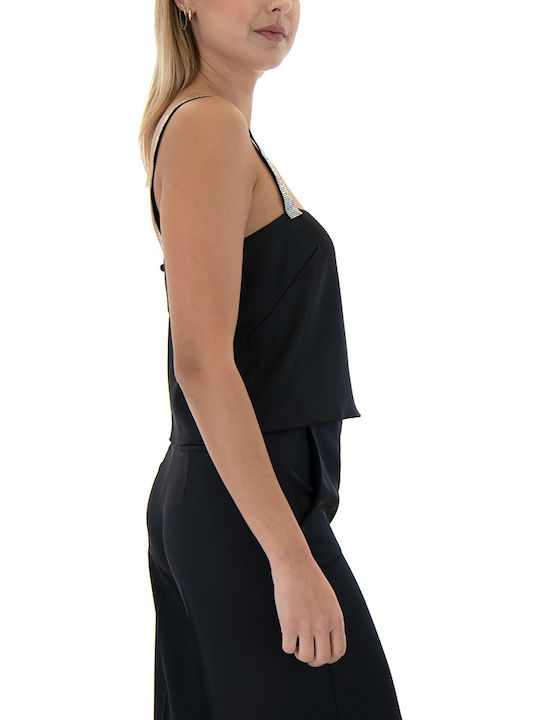 Women's Crop Top Satin with Straps Black