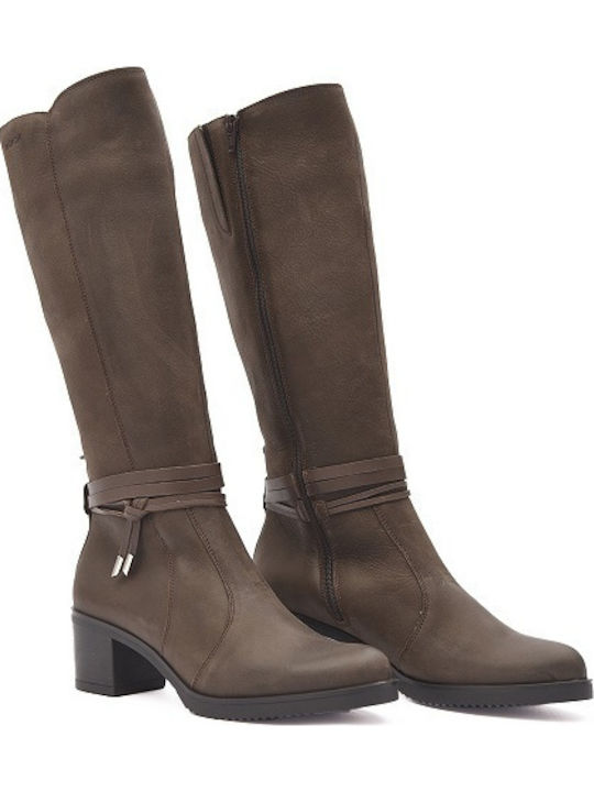 Leder Damenstiefel mit mittlerem Absatz Braun
