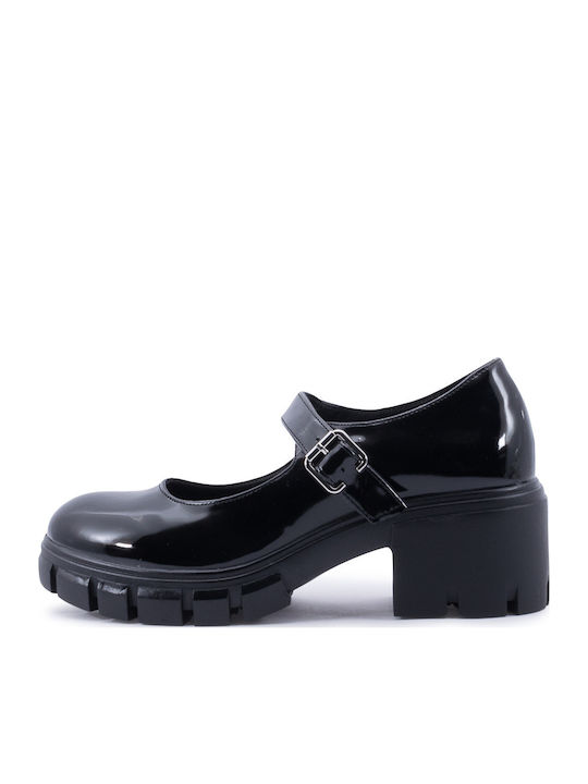 Patent Leather Black Medium Heels with Strap