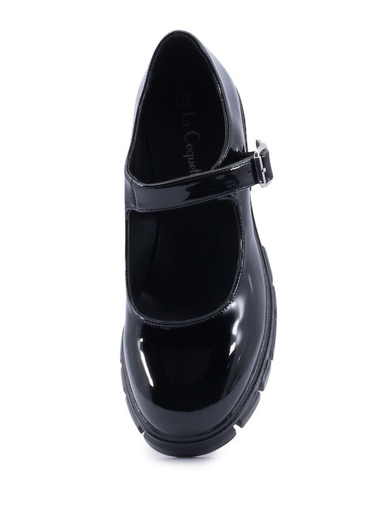Patent Leather Black Medium Heels with Strap