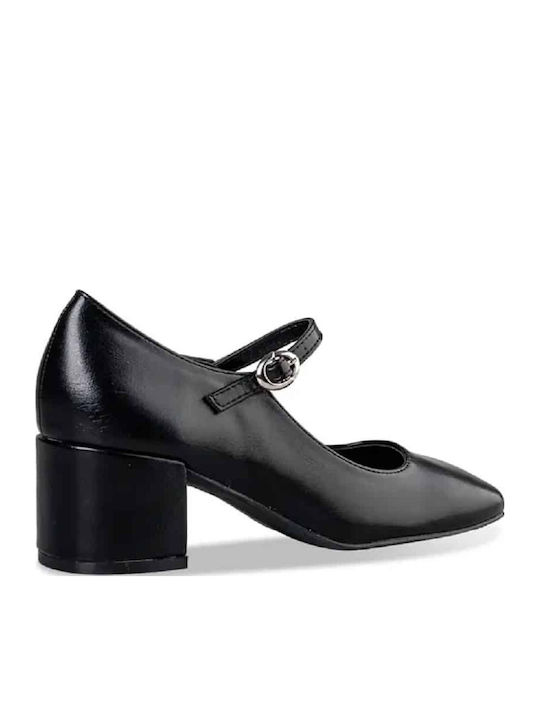 Synthetic Leather Black Medium Heels with Strap