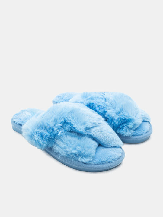 Winter Women's Slippers with Fur Light Blue