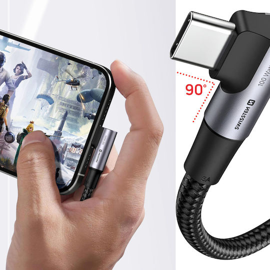 Swissten USB-C 100W Laptop-Kabel Abgewinkeltes Design Geflochtenes Nylon Schwarz