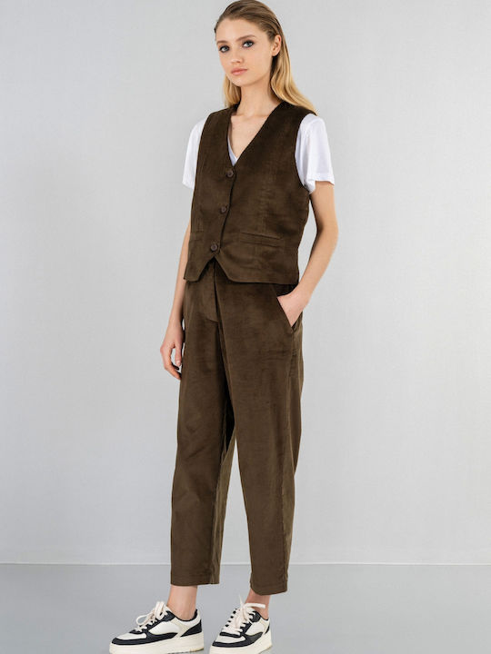 Philosophy Wear Women's High-waisted Cotton Trousers with Elastic in Regular Fit Olive Brown