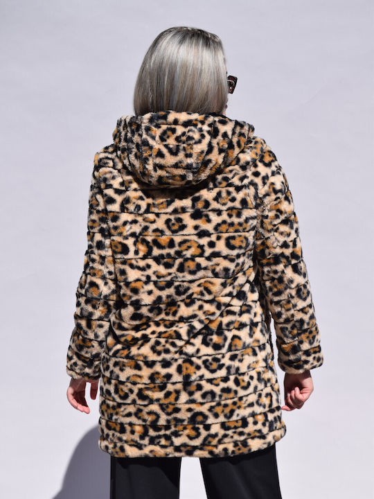 Women's Short Puffer Jacket Double Sided for Winter with Detachable Hood Black-leopard