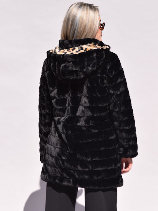 Women's Short Puffer Jacket Double Sided for Winter with Detachable Hood Black-leopard