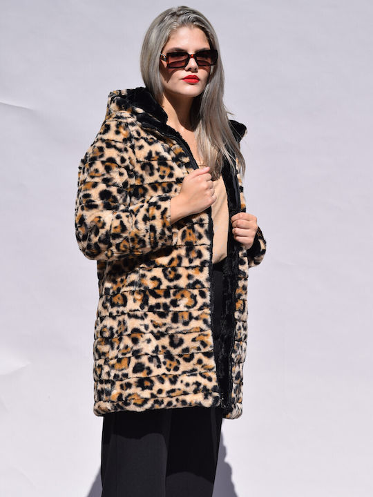 Women's Short Puffer Jacket Double Sided for Winter with Detachable Hood Black-leopard