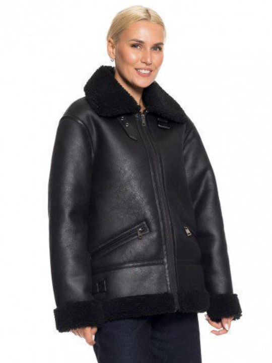 Μουτόν Γυναικείο Biker Jacket Μαύρο
