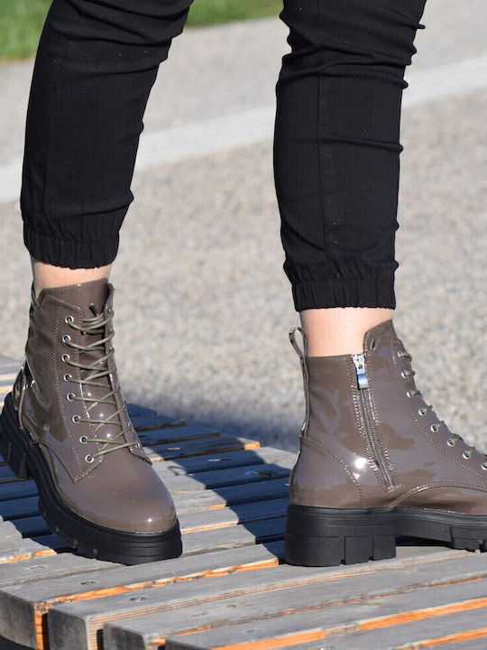 Women's Patent Leather Ankle Boots with Medium Heel Khaki