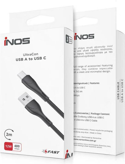 iNOS Regular USB 2.0 Cablu USB-C bărbătesc - USB-A 12W Negru 2m