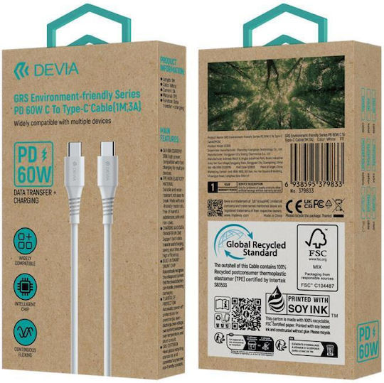 Devia USB 2.0 Cable USB-C Male - USB-C 60W PD White 1m EC636