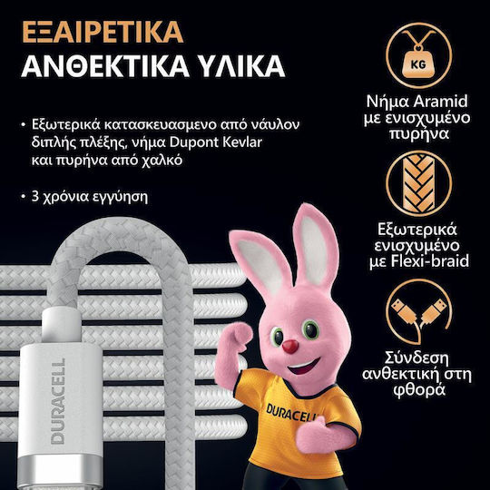 Duracell Kevlar Braided USB-A la Cablu Lightning Alb 1m (USB7012W)