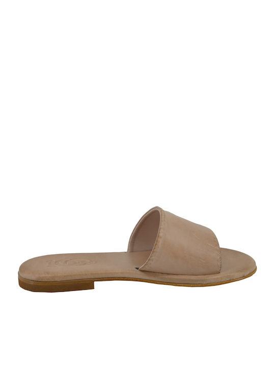 Leather Women's Flat Sandals in Beige Color