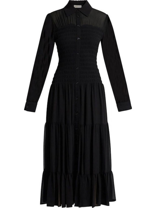 Midi Shirt Dress with Ruffles Black