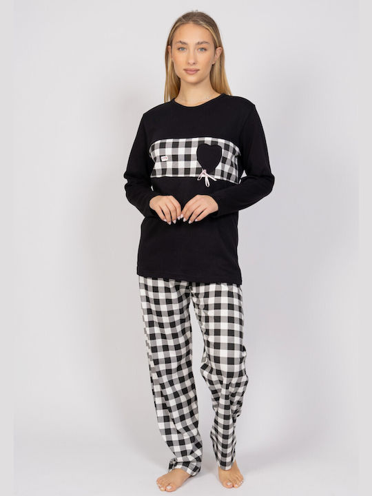 Cherry Underwear Winter Damen Pyjama-Set Baumwolle Schwarz