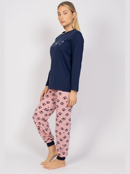 Cherry Underwear Winter Damen Pyjama-Set Baumwolle Blau