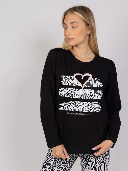 Cherry Underwear Χειμερινό Γυναικείο Σετ Πιτζάμας Μαύρο Heart