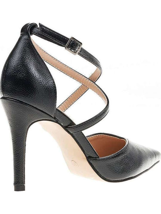 Synthetic Leather Black Heels with Strap