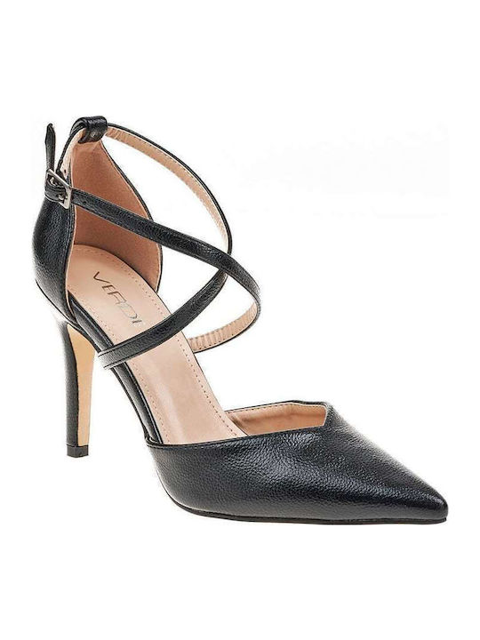 Synthetic Leather Black Heels with Strap