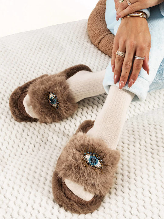 Brown Fur Eye Design Slippers