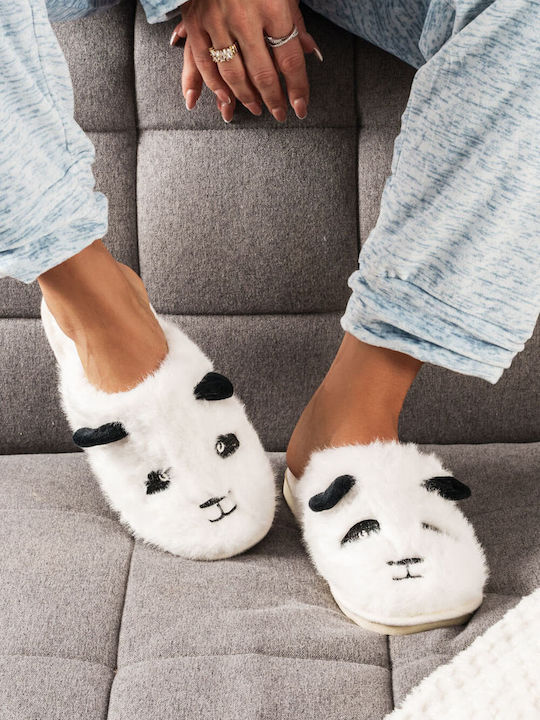 White Fur Panda Slippers