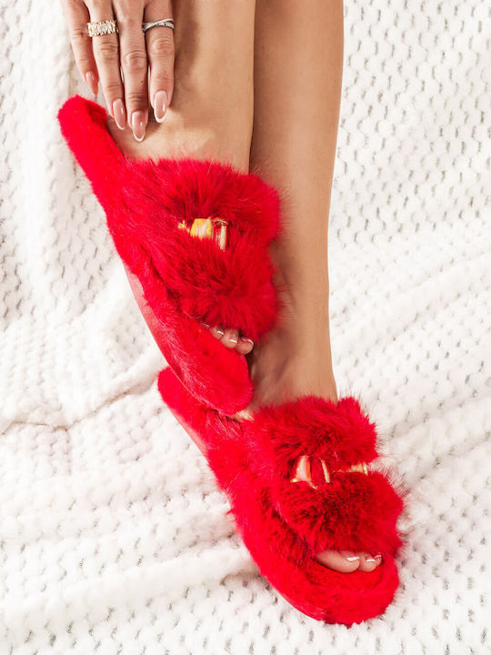 Red Fur Slippers with Metallic Detail