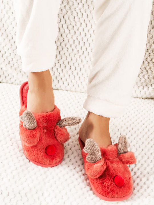 Red Reindeer Design Fur Slippers