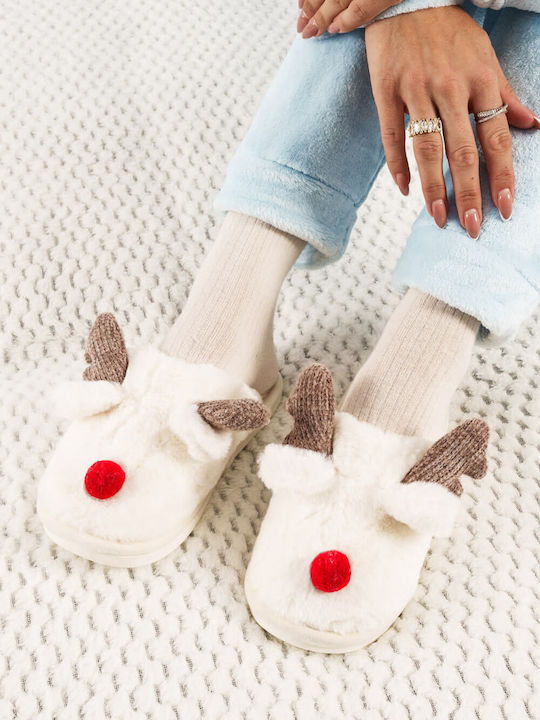 White Fur Reindeer Design Slippers