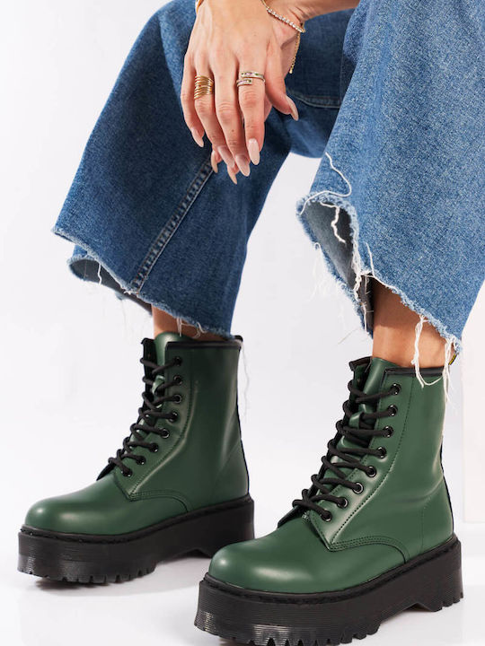 Green Double-Sole Matte Lace-Up Ankle Boots