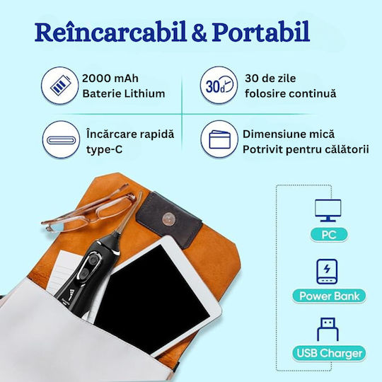 Irigator Oral Profesional Fără Fir Birai Aparat de Curățare Dentară cu Apă Portabil L15 Inteligent Eficient 5 Programe de Lucru 1800 Pulsuri Min IPX7 Rezistent la Apă Rotire 360 de Grade 4 Capete
